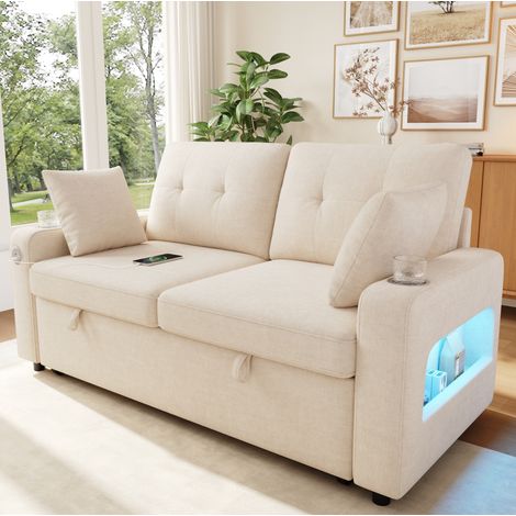 Divano letto estraibile 2 posti con LED, USB/USB-C, contenitore e portabicchieri beige DESVIAE (1/5)