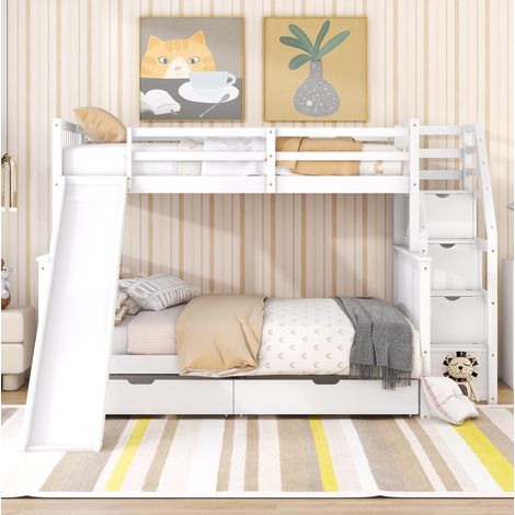 Letto a castello bambini 90/140x200 cm con protezione anticaduta e 3 cassetti, bianco (1/5)