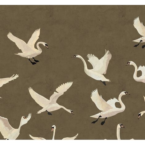 papier peint panoramique cygnes vert olive grisé - ESTAhome (1/4)