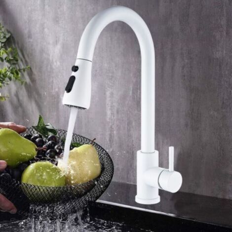 Kitchen faucet with retractable white hand shower, 360° rotating kitchen faucet with 2 spray modes (1/4)