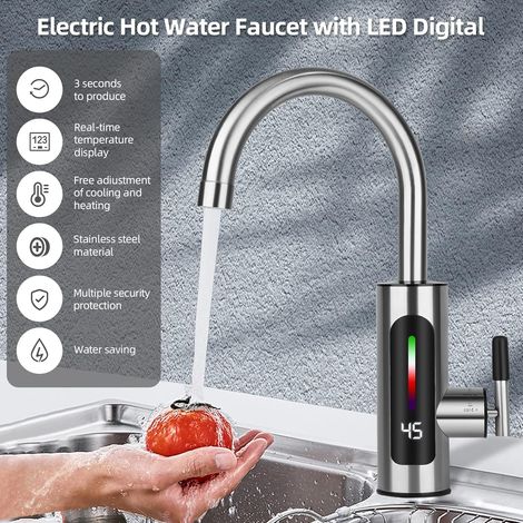 Rubinetto elettrico istantaneo per cucina in acciaio inox - Display LED della temperatura, estremità girevole a 360°, 3000 W [Classe di efficienza energetica A] (1/4)