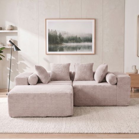 Canapé d'angle modulable 3 pièces en chenille beige, sans installation OKMYHOME (1/5)