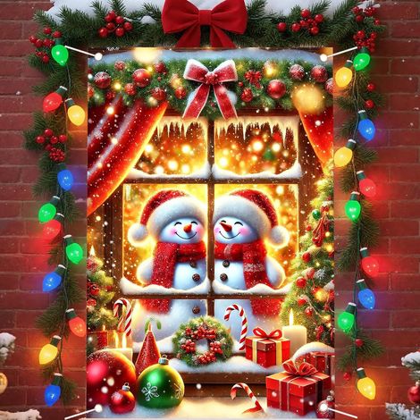 Bannière de Noël à suspendre à la fenêtre, décoration festive, toile de fond bonhomme de neige et Père Noël pour les fêtes de fin d'année - 80 x 120 cm (polyester) - 6