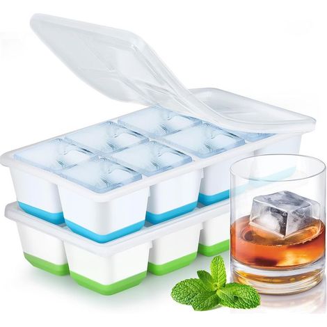 Große Eiswürfelform, 2er-Pack Silikon-Eiswürfelformen mit Deckeln für Getränke, Whisky und Babynahrung, sicher, wiederverwendbar, stapelbar, leicht zu entnehmen (Grün + Blau) (1/5)
