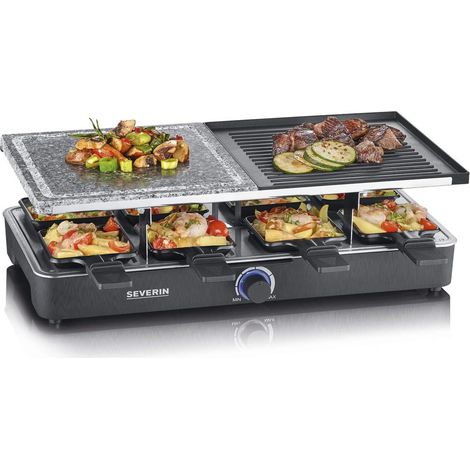 SEVERIN RG 2371 Grill Raclette con Pietra Naturale da 1,300 W, Piastra Antiaderente, Raclette 8 Persone, Piastra Combinata, Controllo della Temperatura, Nero (1/5)