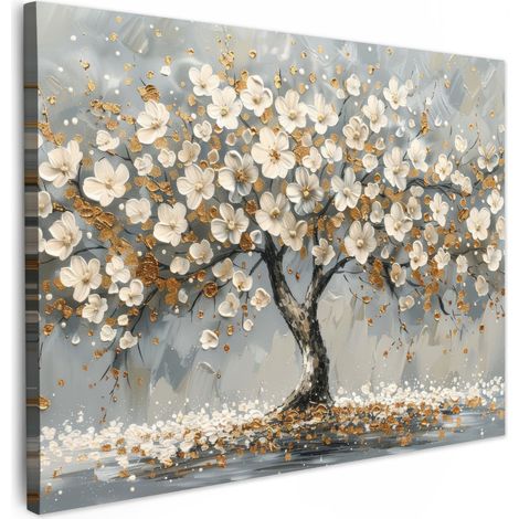 TABLEAU SUR TOILE Arbre - Fleurs - Blanc - Nature - Art Tableau Décoration Murale Salon Tableaux muraux 80x60 cm