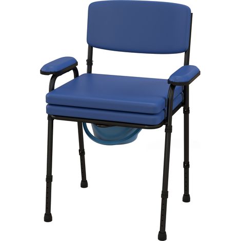 Multifunktionaler Toilettenstuhl mit herausnehmbarem Eimer, verstellbarer Höhe, gepolsterter Rücken- und Armlehnen, blau