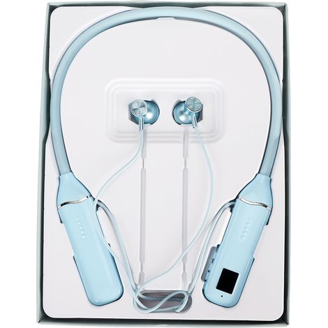Écouteurs Bluetooth tour de cou avec indicateur de batterie LED, lecteur de carte mémoire, embouts magnétiques et rétroéclairage RGB bleu. (1/5)