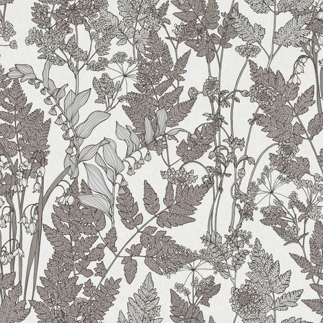 Papier peint fleuri pour couloir | Papier peint feuille gris et blanc moderne pour salon | Tapisserie chambre fleurie grise et blanche - 10,05 x 0,53 m (1/5)