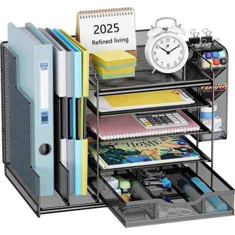 5-stufiger Schreibtisch-Organizer mit Schublade und Stifthalter – Schreibtisch-Organizer aus Metall mit vertikalem Dokumentenhalter – Dokumentenhalter, Büroartikel-Organizer, ideal fürs Büro (1/5)