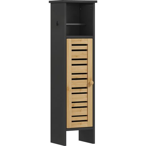Meuble de salle de bain avec support papier toilette barre amovible 3 Niveaux + Sortie Papier, 78H cm, Bambou noir (1/5)