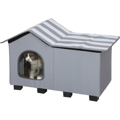 PawHut Outdoor Cat House, Feral Cat Cave with Elevated Base, Grey