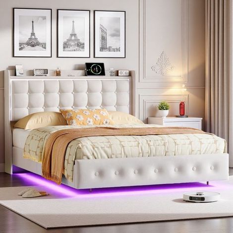 Cama doble suspendida 160x200 cm - Terciopelo blanco - LED RGB integrada - Puertos USB/Type-C - Somier silencioso (1/5)