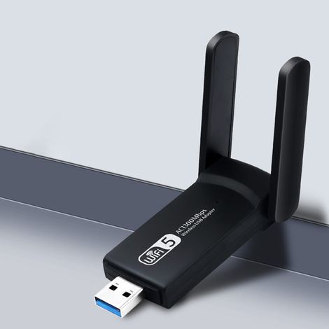 Adaptateur réseau sans fil USB 3.0 Wi-Fi 1300 Mbit/s avec deux antennes 5 dBi pour PC, ordinateurs de bureau et portables 5G/2,4G. Clé Wi-Fi compatible avec Windows 10/8/8.1/7/Vista/XP/Mac OS/Linux. (1/5)