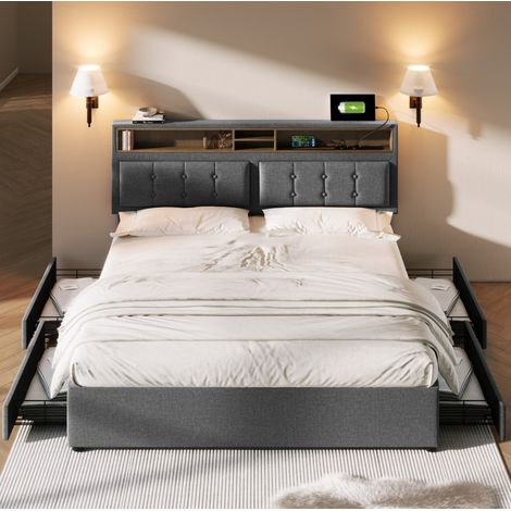 letto contenitore 140x200 con USB 4 cassetti grigio HAVRYA (1/5)
