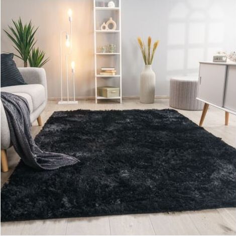 Tapis De Salon Poils Longs Fausse Fourrure Shaggy Moelleux Monochrome 80x150 cm, Noir (1/4)