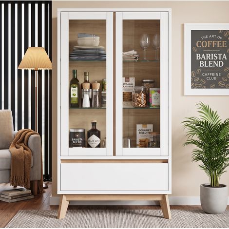 Küchenbuffet Weiß und Holzoptik, 80 x 40 x 150 cm, mit verstellbaren Einlegeböden (1/5)