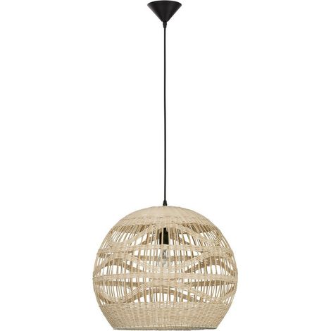 Merano Land Plafonnier Suspendu Dome 48.5cm Rotin Naturel Fil Tissu Noir, Culot LED E27