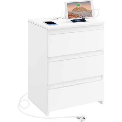 Yaheetech – Table de chevet moderne avec multiprise – 2 prises et 2 ports USB – 3 tiroirs – Dimensions 45,5 × 35,5 × 60,5 cm – MDF blanc