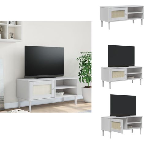Meuble TV SENJA aspect rotin blanc 106x40x49cm bois massif pin - Meuble Tv - Meuble Téléviseur - Meuble Tv Moderne - Meuble Tv Design - Meuble Tv Blanc (1/5)