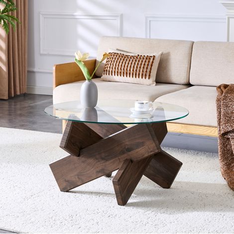 Table basse ronde 79x79x45 cm transparent et noyer, verre trempé et MDF, design croisé MEUBLIV (1/5)