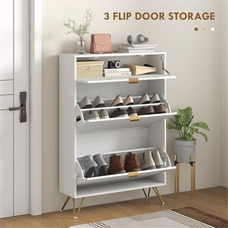 Modern White Shoe Cabinet with Flip Drawers for 12 Pairs, Narrow Design with Anti-Tipping Safety, Ideal for Small Spaces