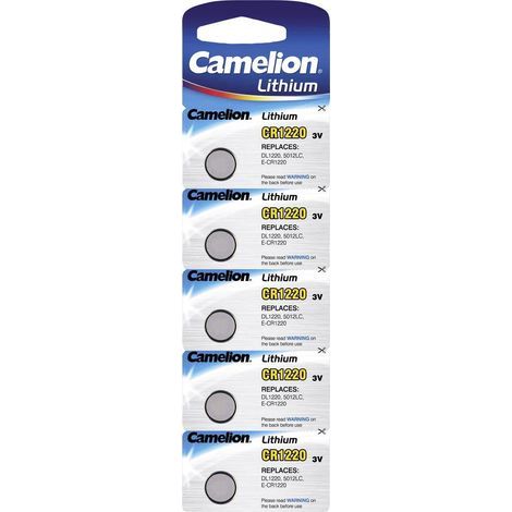 Pack de 5 piles bouton lithium CR1220 – 3V 38mAh – Compatible calculatrices, montres, télécommandes – Performance fiable et durable – Camelion