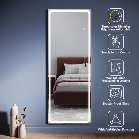 ELEGANT Freestanding Mirrors with Memory Function Dimmable LED 3 Lighting Modes and Built-In Socket, Mirror with Detachable Bracket Touch Switch, 1600 x 600 x 35mm (1/5)