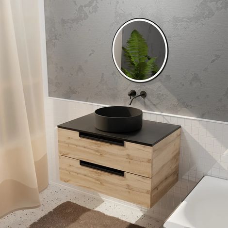 Mobile da Bagno 80cm Sospeso 2 Cassetti - Finitura Legno e Nero - Lavabo Ø36cm e Specchio LED Ø50cm