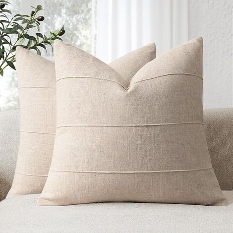Housses de Coussin en Lin 45x45 Taie Oreiller Coussin Beige Coussins Unis à Motif Rayé pour Canapé Lit Salon Coussins Décoratifs (1/5)