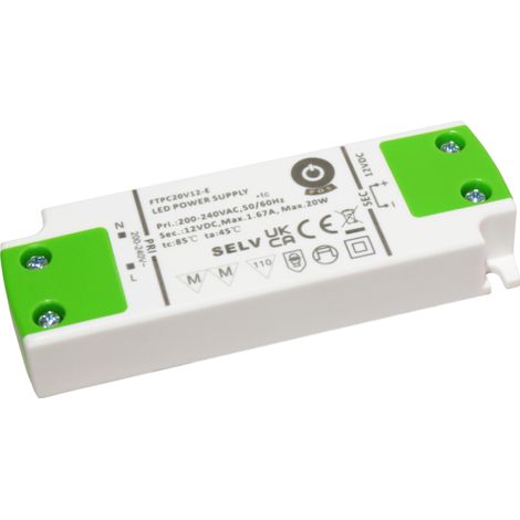 FTPC20V12-E: Alimentatore LED 12V/1.67A CV, custodia compatta in plastica. Serie SE-VF