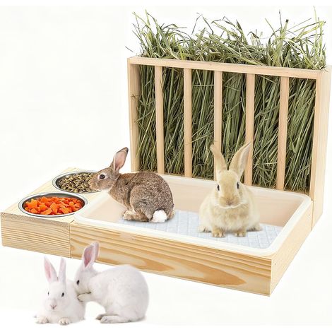 Wooden Hay Rack, Large Multifunctional Hay Rack with Toilet and Rabbit Hay Eater Bowl Grass Food Holder for Dwarf Rabbits Guinea Pig Hamsters (1/5)