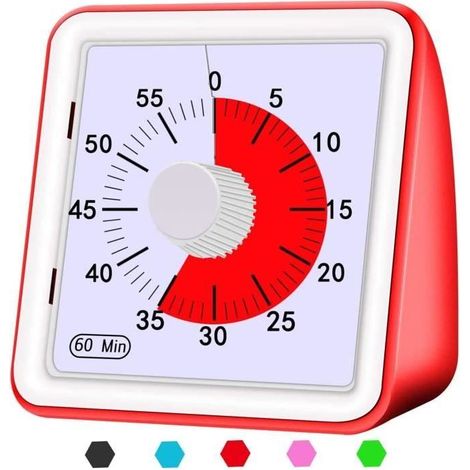 Minuteur analogique visuel - Compte à rebours silencieux - Rouge - Plastique ABS - 78x78x45mm (1/4)