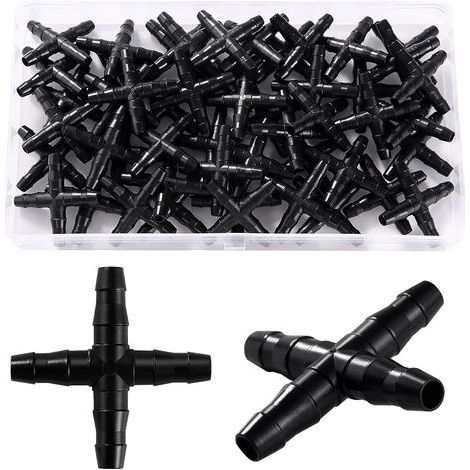 50 4-Wege-Stachelverbinder, 4/7 mm, schwarzer Kunststoff, Bewässerungsarmaturen, für Garten und Rasen (1/5)