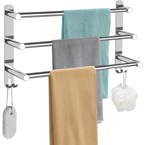 Porte-serviettes extensible sans perçage 3 couches en acier inoxydable autocollant avec 2 crochets pour salle de bain et cuisine Argenté 43 à 75 cm (1/5)