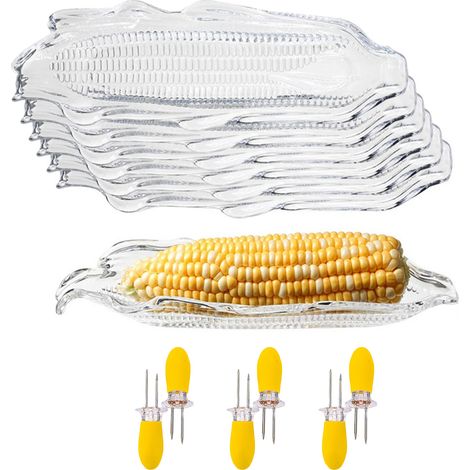6 plateaux à maïs avec 6 supports, plastique transparent alimentaire, acier inoxydable, pour barbecue et pique-nique (1/5)