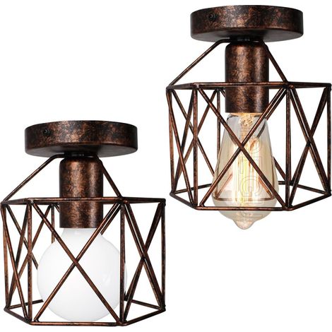 Lot de 2 Plafonnier Industrielle en Métal Cage Carré, 14CM Lustre Abat-jour Fer Luminaire E27  Lampe de Plafond pour Salon Chambre Bar, Rouiller (Hexagone) [Classe énergétique A]