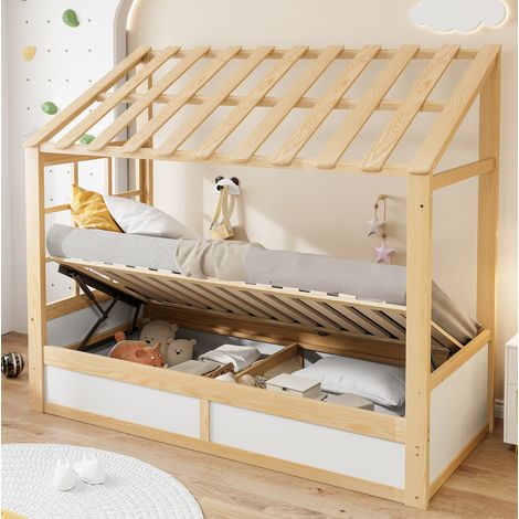 Lit coffre 90x200 cottage avec rangements, bois blanc HAVRYA (1/5)