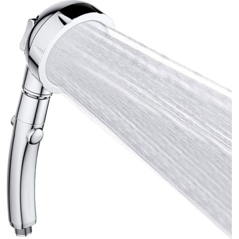 Pommeau de Douche, Pommeau Douche avec Augmentation de Pression et bouton de l'interrupteur, Douchette Ronde Douche Chromée avec Fonction Anti-Calcaire, Douches 3 types de jets pour le Bain et le Spa (1/5)
