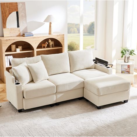 Sofá de esquina de pana beige 213,5 x 139 cm, 3 plazas convertible con puf móvil y USB (1/5)