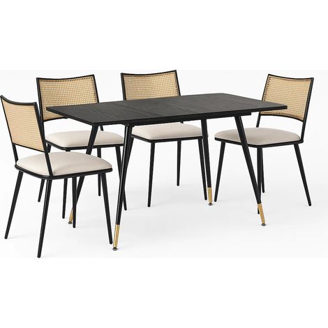 URBAN MEUBLE Ensemble table extensible en bois noir avec 4 chaises dossier rotin PE et assise PU – WHALEN DARK WOOD STRETCH TABLE BG B+BHIHNOL2 (1/5)