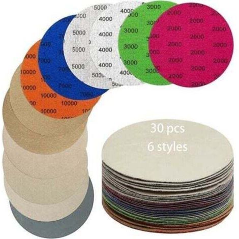 Hgbd-30 pièces Disque de ponçage pour papier abrasif 125 mm Grain 2000/3000/4000/5000/7000/10000 Papier abrasif humide/sec utilisé pour polir le métal, le bois, le polissage de voiture Ponçage D thsin