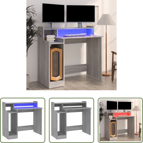 Bureau d'étude - Bureau et lumières LED Sonoma gris 97x45x90cm Bois d'ingénierie (1/5)