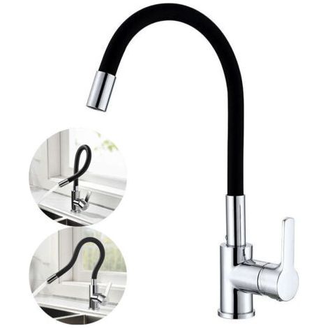 Flexible Kitchen Faucet Freely Swivel High Spout Flexible Sink Mixer Chrome and Black Single Hole Sink Faucet for Hot and Cold Water（flexible tube） (1/4)