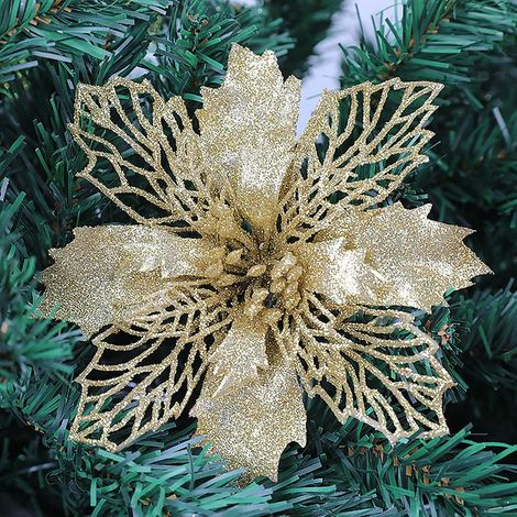 GARRYFIZH (1 pièce) (Rouge) Ornement de sapin de Noël octogonal en forme de fleur, ajouré et pailleté, 16 cm, en plastique et poudre dorée. (1/5)