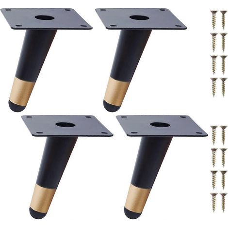 Ensemble de 4 pieds de meubles coniques et angulaires en métal - Pieds de remplacement modernes pour canapés, chaises, meubles et tables (noir avec garniture dorée, hauteur 10 cm) (1/5)