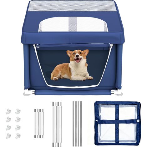Parc pour Chiots, enclos pour Chiens de Petite Taille, Parc de sécurité pour Animaux de Compagnie avec Tissu renforcé, Filet en Nylon et Tubes en Acier Inoxydable (Blue, 90x90x66cm, 6) (1/5)