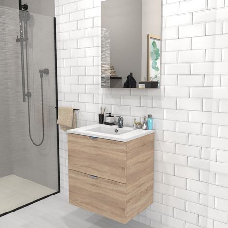 Meuble sous-vasque 2 tiroirs MALAGA 60 cm + vasque + miroir / Décor Chêne blanchi/