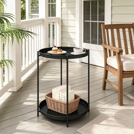 Table d'appoint ronde - 44x44x53 cm - Bout de canapé fixe amovible 2 plateaux de service amovibles rangement metal - Noir (1/5)