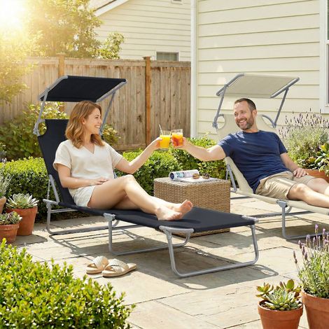 Transat bain de soleil pliable chaise longue grand confort, dossier inclinable multi-positions et pare-soleil réglable, noir
